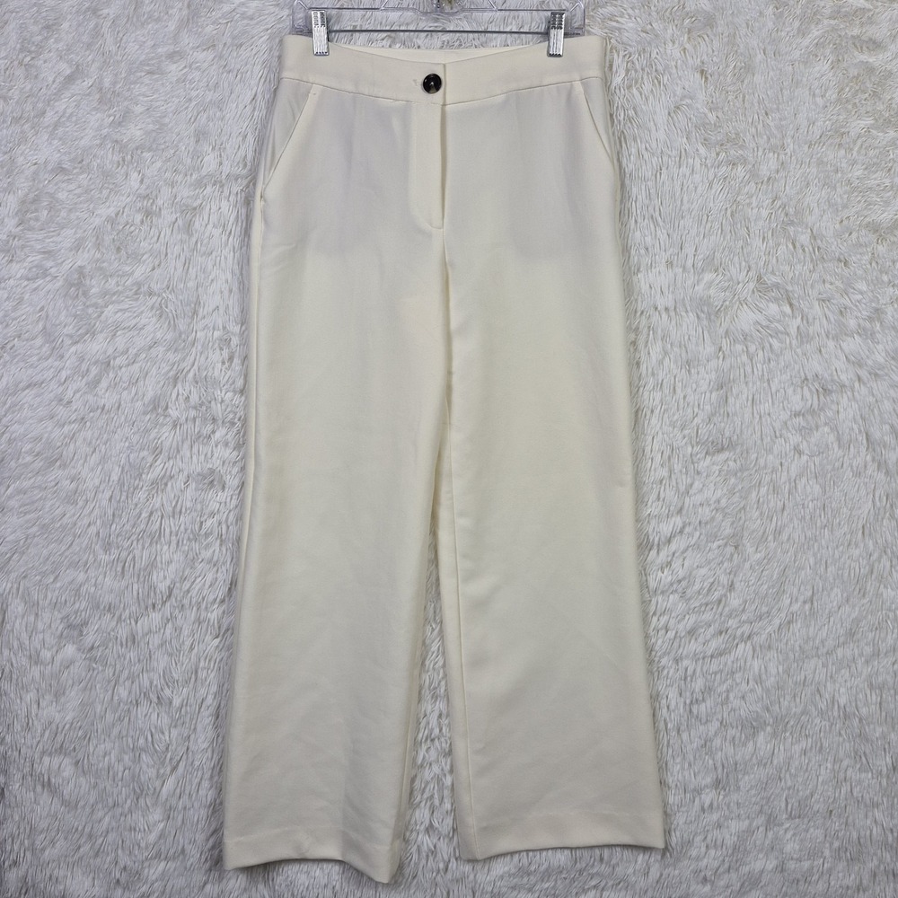 MNG Mango Cream Wide Leg High Waisted Trousers Dress Pants Size 6 Off White